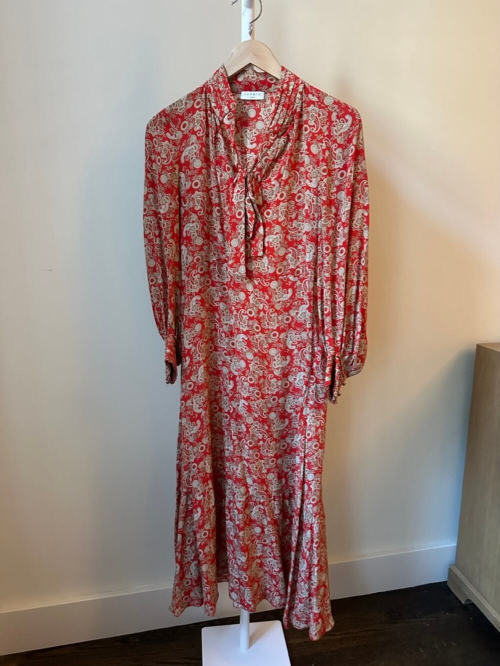 Sandro Paris Red and Cream Paisley Silk Midi Dress, Size 36